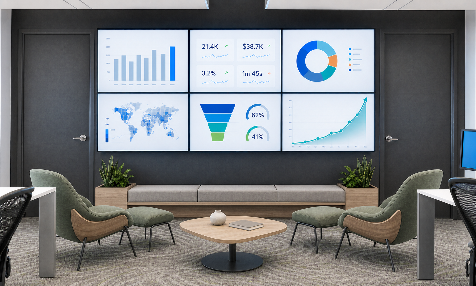 Six-panel business data wall displaying charts, metrics, a world map, and an upward growth trend above a modern lounge with green chairs