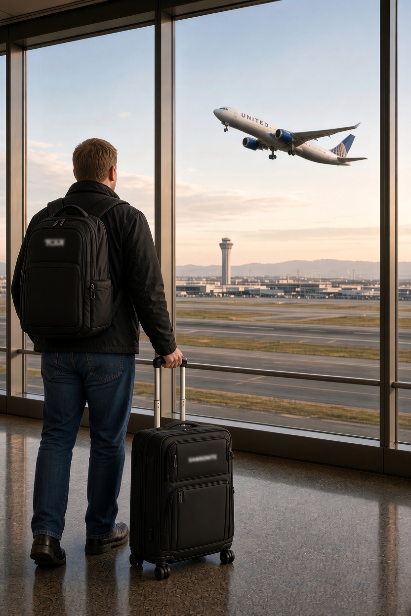 Business traveler looking toward an airplane at an airport