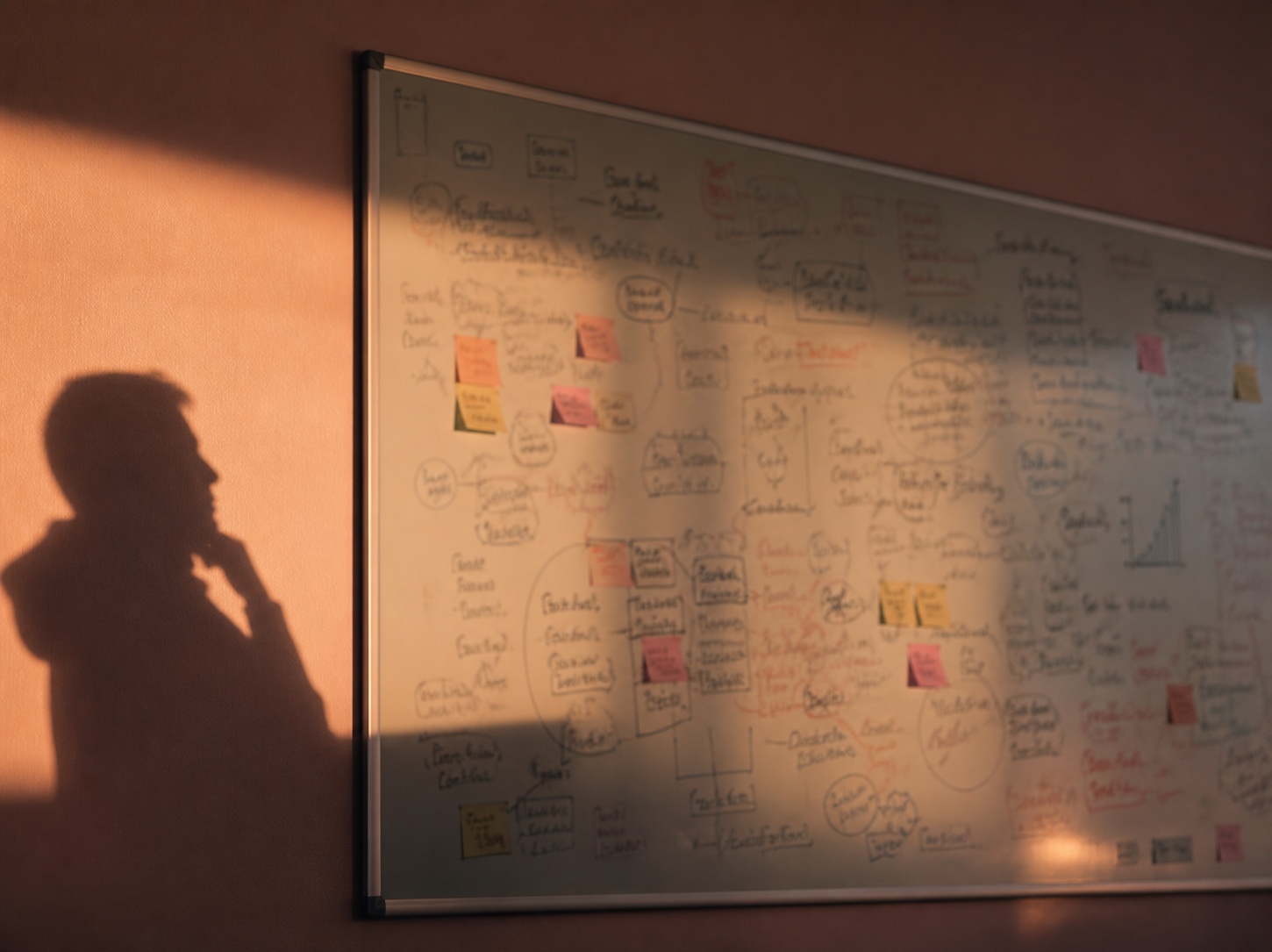 Silhouette of a person considering notes and diagrams on a whiteboard